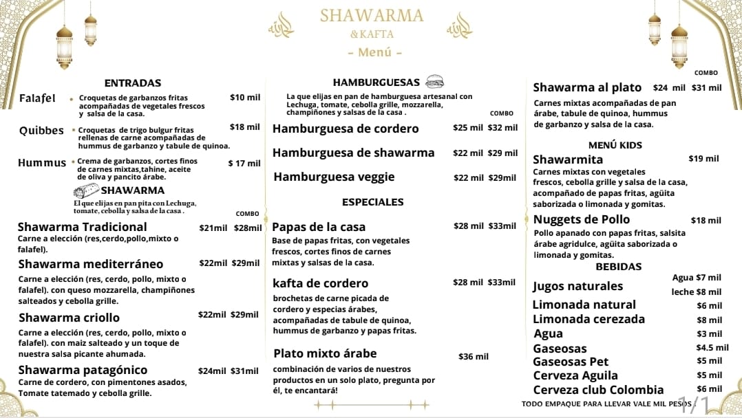 Menú Shawarma y kefla san jorge