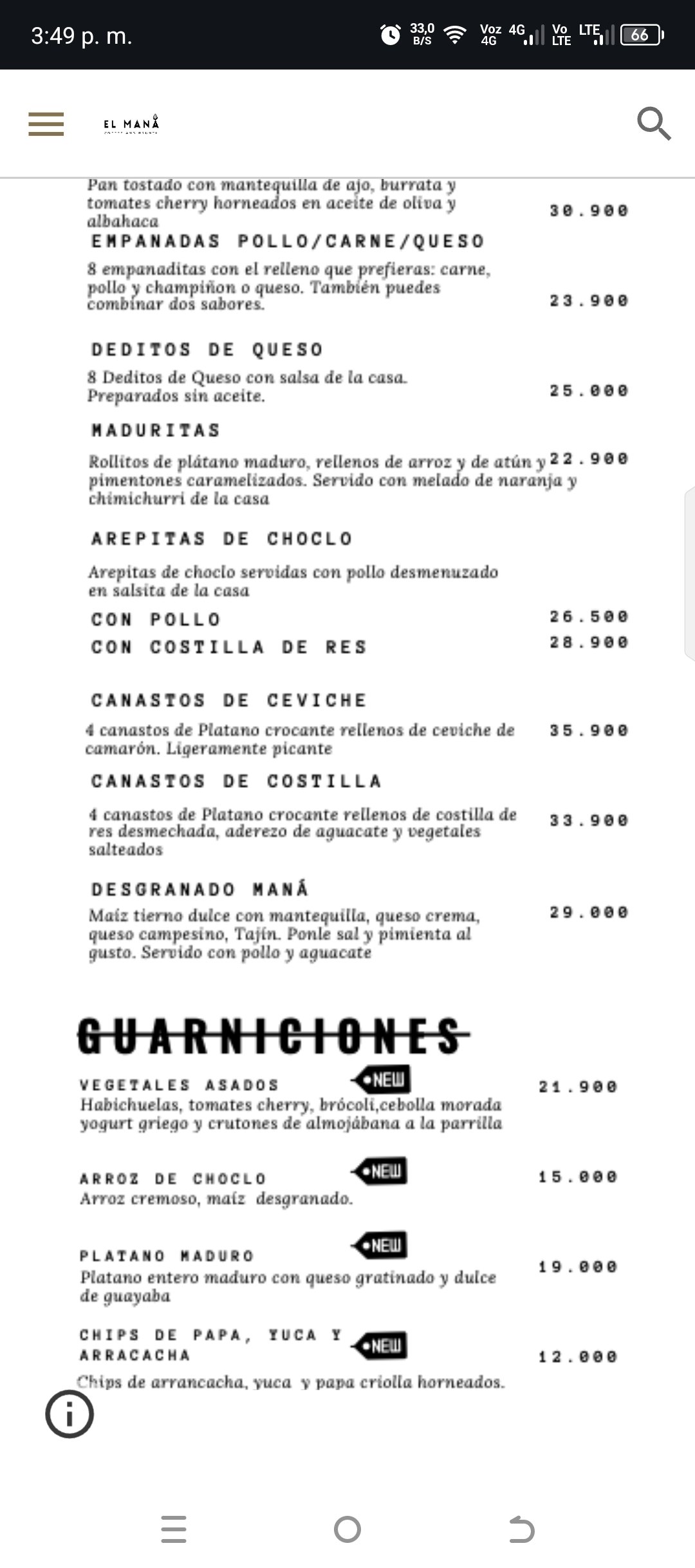 Menú El mana coofee and brunch querencia