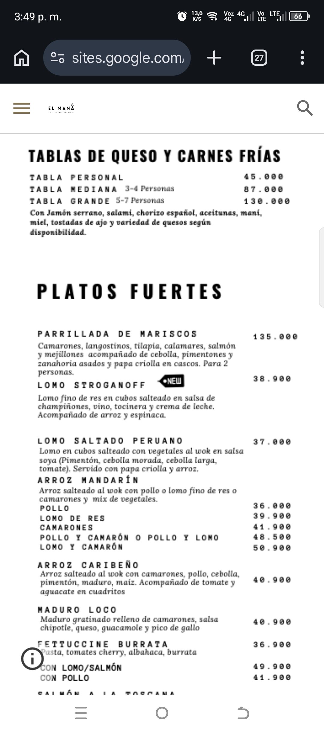 Menú El mana coofee and brunch querencia