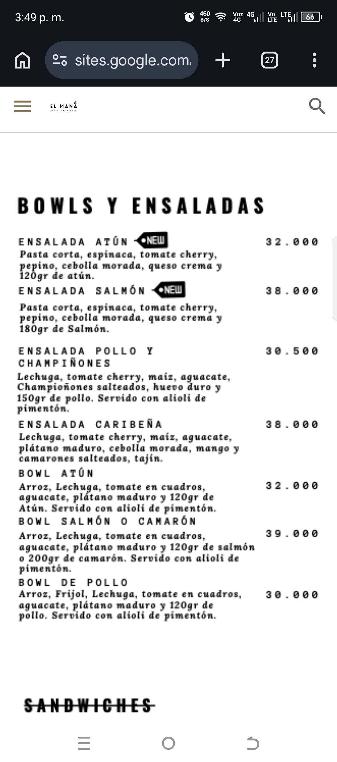 Menú El mana coofee and brunch querencia