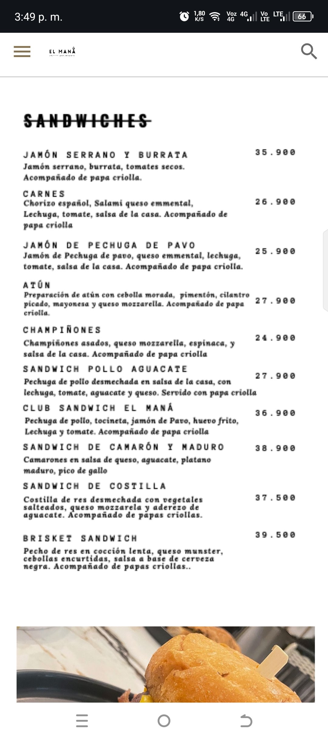Menú El mana coofee and brunch querencia