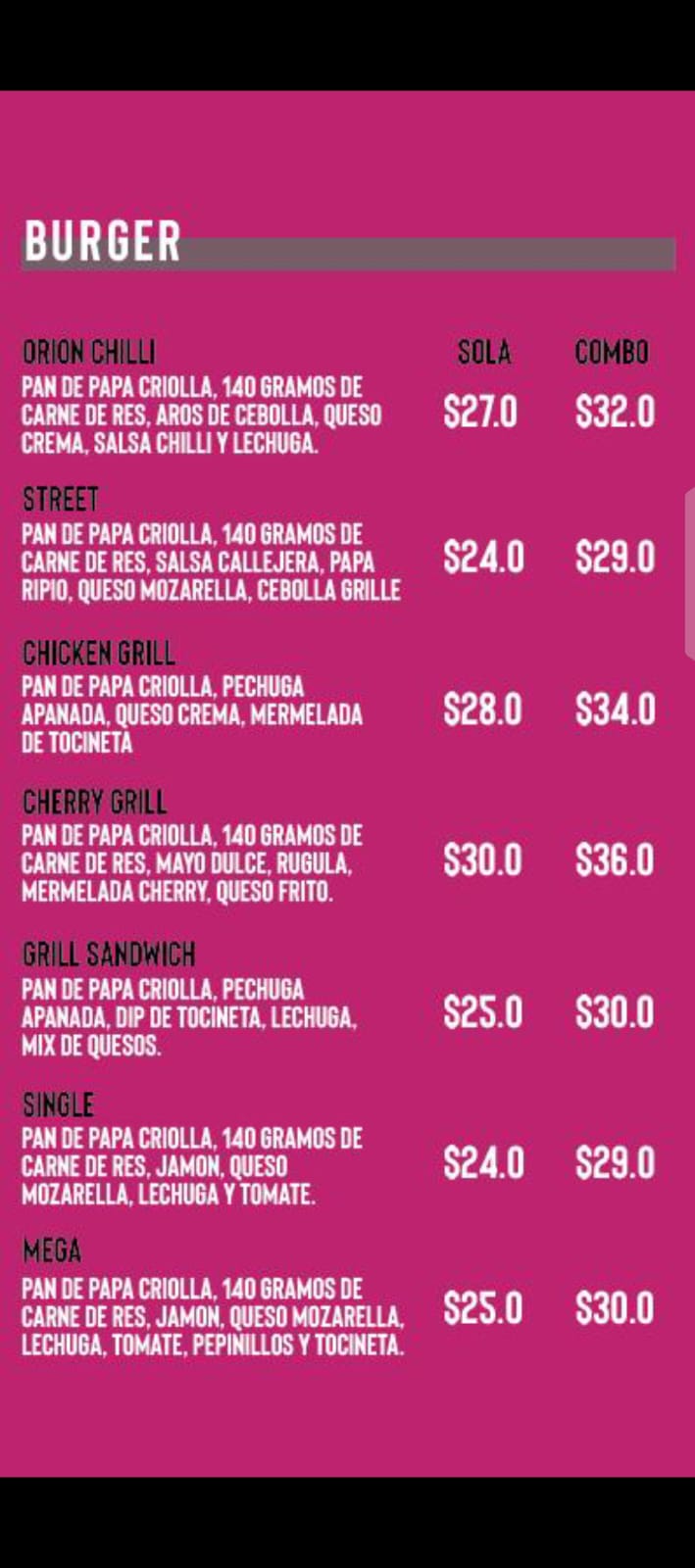 Menú Grill Wings cc jardín