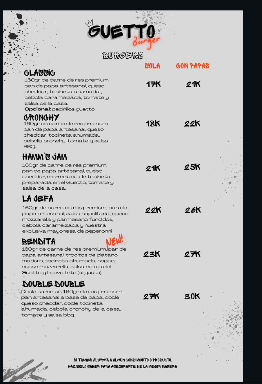 Menú Guetto burguer