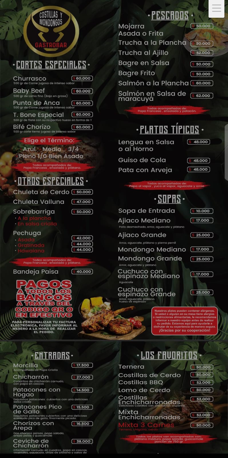 Menú Costillas y mondongos